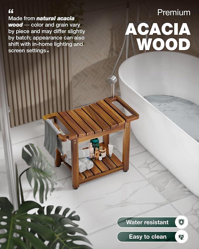 BLUEWEST Shower Bench Seat with Storage Shelf, Natural Wood Shower Benches for Inside Shower to Sit on, Waterproof Bathroom Spa Bench Stool for Legs Shaving with Built-in Handle & Shower Head Holder - ModernBath