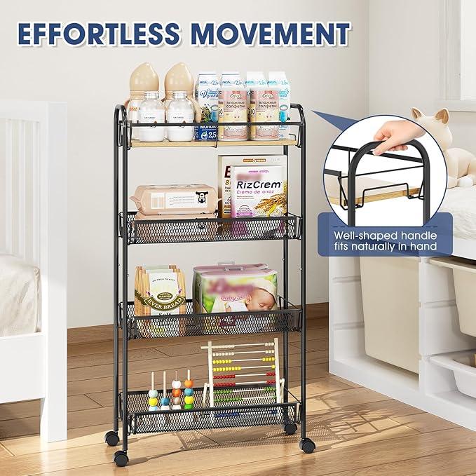 TOOLF 4-Tier Slim Rolling Cart, Metal Utility Cart, Slide Out Storage Cart with Wooden Tabletop and Mesh Baskets for Narrow Space on Kitchen Bathroom Laundry Room Bedroom Apartments Dormitory - ModernBath