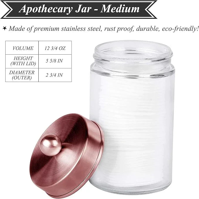 Apothecary Jars 3 Pack - Glass Bathroom Containers with Stainless Steel Lids - Rustic Farmhouse Decor Bathroom Accessories, Vanity Organizer Apothecary Jars for Qtip/Cotton Balls (Rose Gold) - ModernBath