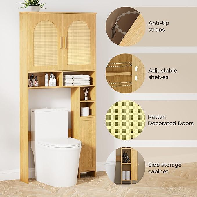 Homhedy 67" H Over The Toilet Storage Cabinet, Boho Bathroom Organizer with Rattan Decorated Doors, Adjustable Shelves, Toilet Paper Holder, Space-Saving Bathroom Shelf for Small Spaces, Natural - ModernBath