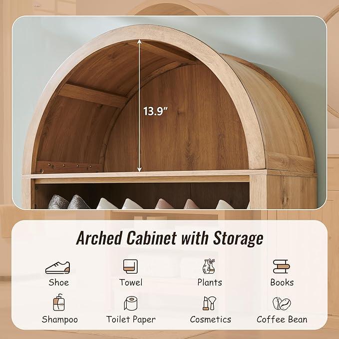 71" Tall Arched Bathroom Storage Cabinet, 7-Tier Modern Farmhouse Storage Cabinet with Adjustable Shelves, Wood Freestanding Cabinet for Bathroom, Living Room, Entryway, Hallway (Natural) - ModernBath