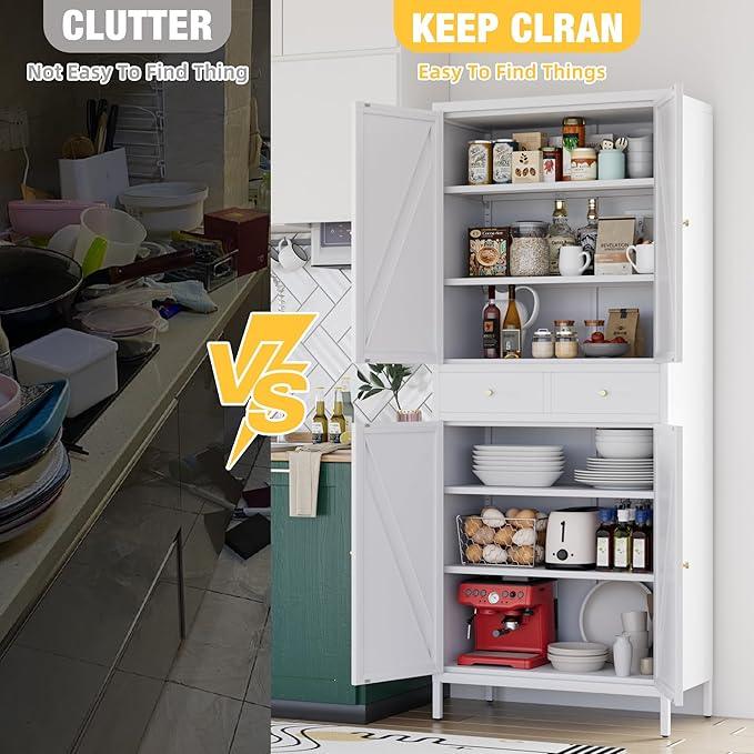 72.9" H Metal Pantry Cabinet, 4 Doors Kitchen Pantry Storage Cabinets with 2 Drawers, for Home Office Bathroom, Required Assembly, White - ModernBath