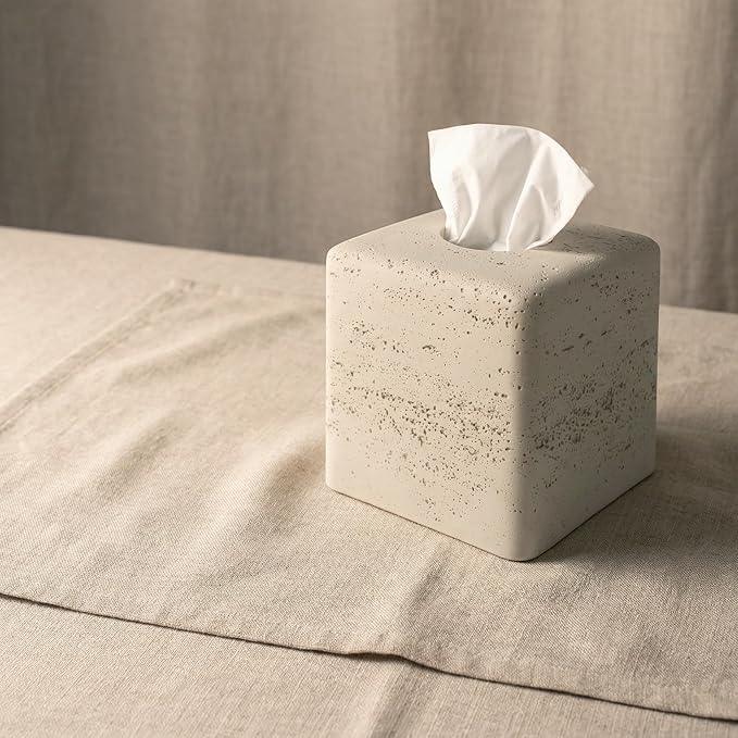 Huitony Travertine Tissue Box Cover Square Decorative Stone Klenex Box Holder for Bathroom & Living Room with Handcrafted Texture (Light Beige) - ModernBath