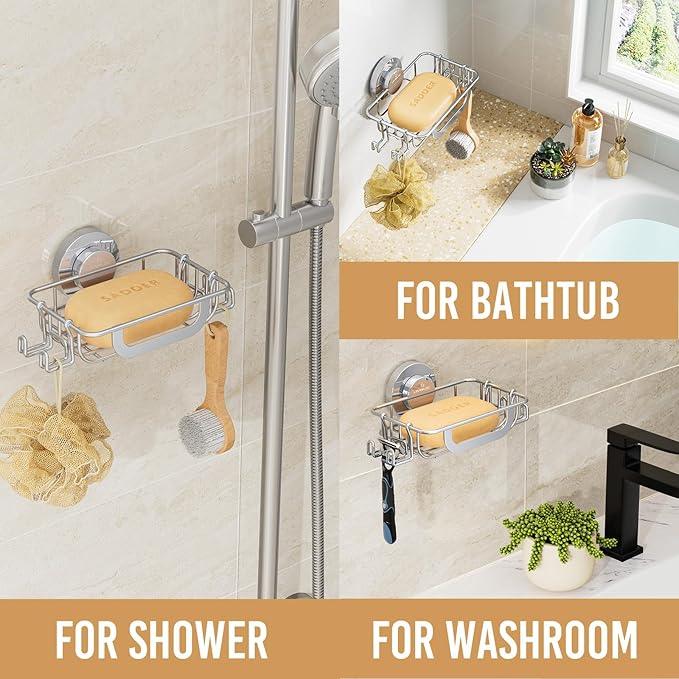 LEVERLOC Bar Soap Holder Dish with Hooks, Soap Tray Suction Cup Wall Mounted for Shower, Stainless Steel Sponge Holder Caddy for Bathroom Kitchen Sink Organizer, Rustproof, Silver - ModernBath
