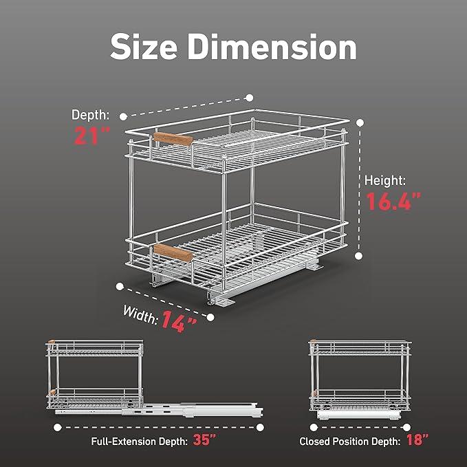 Pull Out Cabinet Organizer(14" W x 21" D), 2 Tier Slide Out Shelves with Wood Handle, Sliding Drawer Pull Storage Shelf for 15-1/4” Cabinet Opening, Chrome - ModernBath