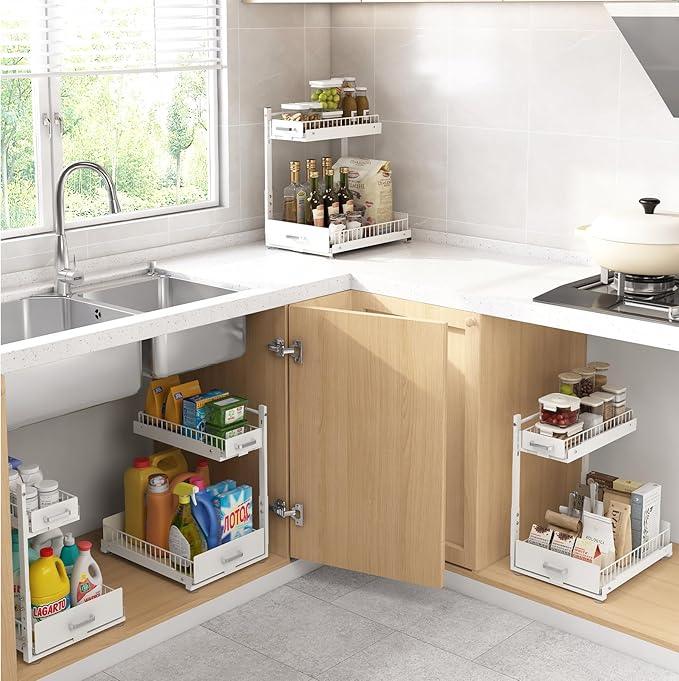 Under Sink Organizer,2 Tier Slide Out Kitchen Cabinet Organizers with Pulley,Under Bathroom Sink Pull Out Organizer with Multiple Height Adjustments for Kitchen and Bathroom Cabinets (White) - ModernBath