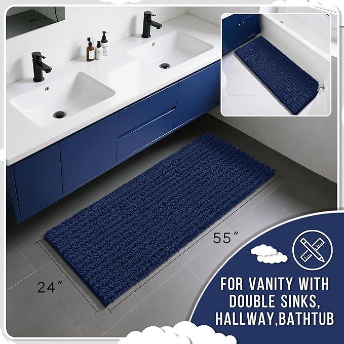 Yimobra Bathroom Runner Rug 55x24 Inch - Extra Long Non Slip Chenille Bath Mat, Soft & Absorbent, Machine Washable Shaggy Hallway Carpet for Vanity Tub Shower, Navy Blue Home Decor Accessories - ModernBath