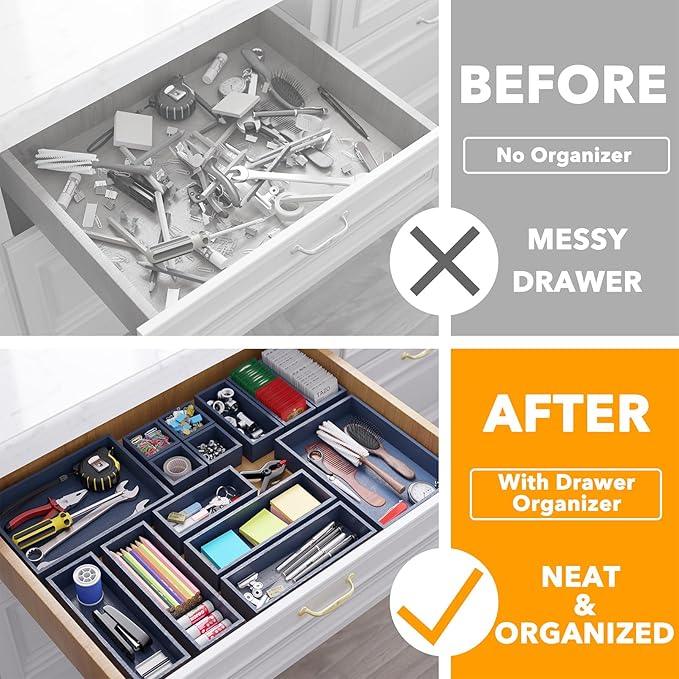 SpaceAid 14-Piece Bamboo Drawer Organizer Storage Boxes Set, Wood Tray Junk Drawer Organizers Multi-Use Divider Bins for Kitchen, Bathroom, Office Desk and Makeup Organization (14 Pack, Navy Blue) - ModernBath
