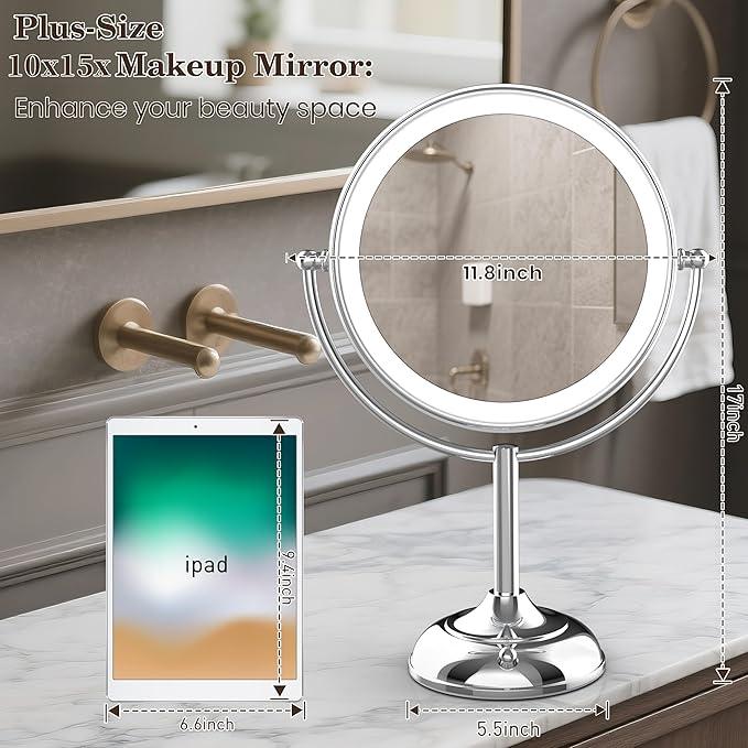 VESAUR Upgraded 11" Large 17" Tall Lighted Makeup Mirror Silver, 1X/10X Dual-Sided Magnifying with 15X Suction Mirror, 3 Color Adjustable Lights, 360° Swivel Dual Power Vanity Mirror, Gift Box - ModernBath