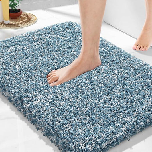 Yimobra Bathroom Rugs Non Slip Washable, Ultra Soft and Water Absorbent Bath Mats, Plush Fluffy Shower Mat Outside, Microfiber Thick Matts for Bathroom Floor/Sink, 24x17, Denim Blue and White - ModernBath