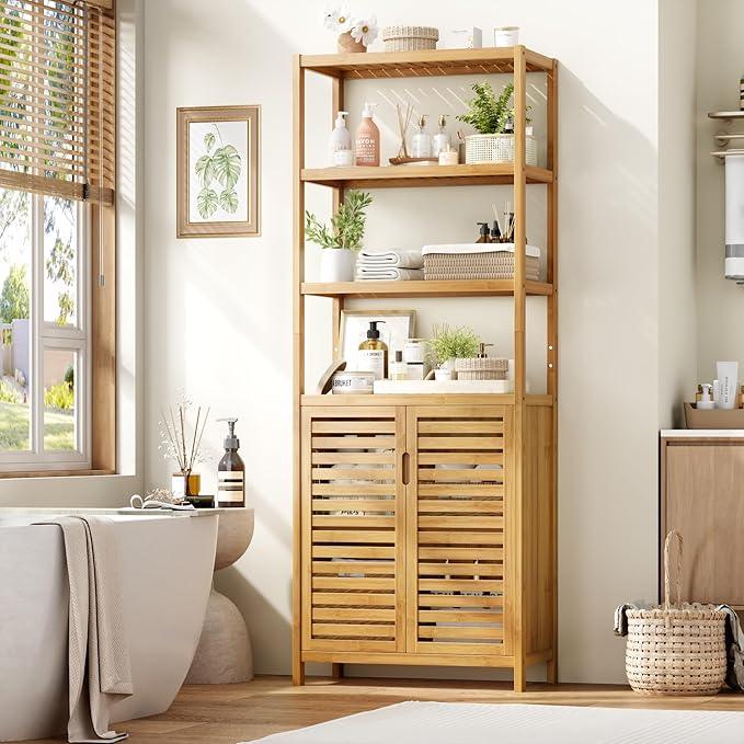 HIFIT Tall Bathroom Storage Cabinet, 66" Bamboo Narrow Bathroom Floor Cabinet with 2 Door & 4-Tier Open Shelves, Corner Tall Cabinets Freestanding Organizer Unit for Bath, Living Room, Entryway,Nature - ModernBath