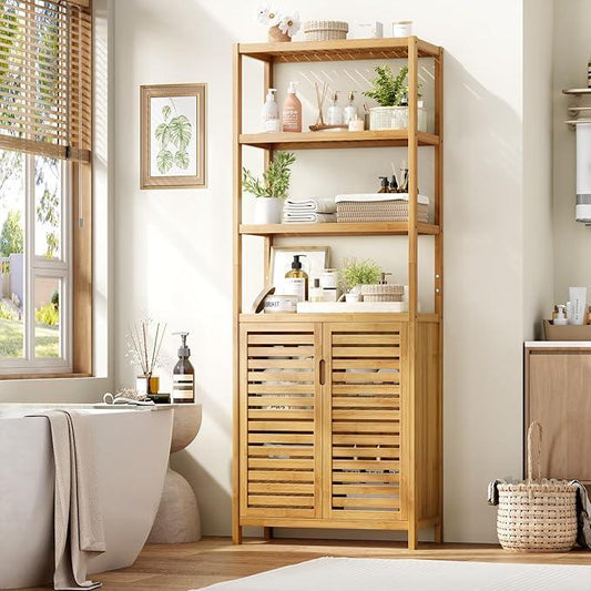 HIFIT Tall Bathroom Storage Cabinet, 66" Bamboo Narrow Bathroom Floor Cabinet with 2 Door & 4-Tier Open Shelves, Corner Tall Cabinets Freestanding Organizer Unit for Bath, Living Room, Entryway,Nature - ModernBath