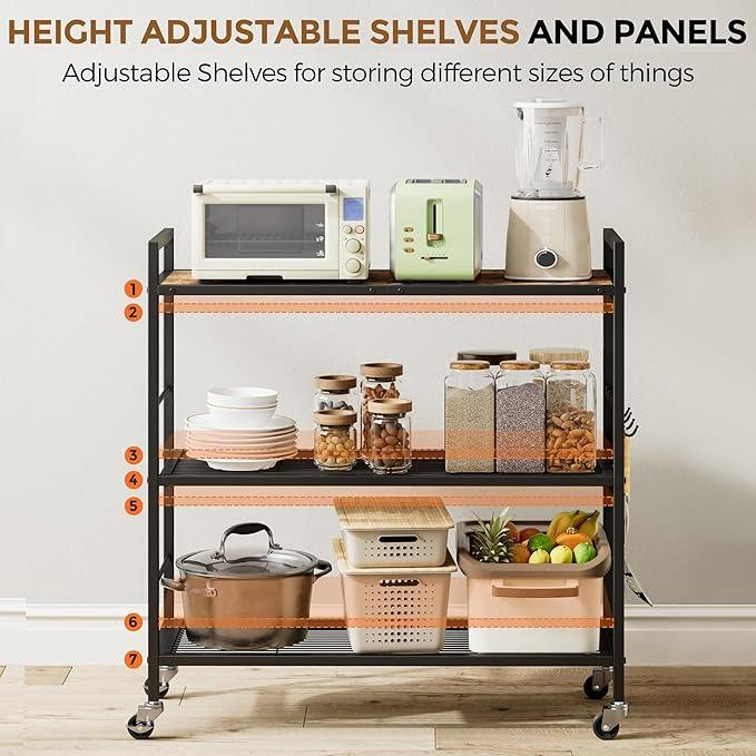 3-Tier Metal Storage Rack with Industrial Wheels,Mesh Shelving Unit with Wooden Table top,Adjustable Shelf,31.5-Inch Width, for Kitchen, Laundry,Pantry,Plant,Black - ModernBath