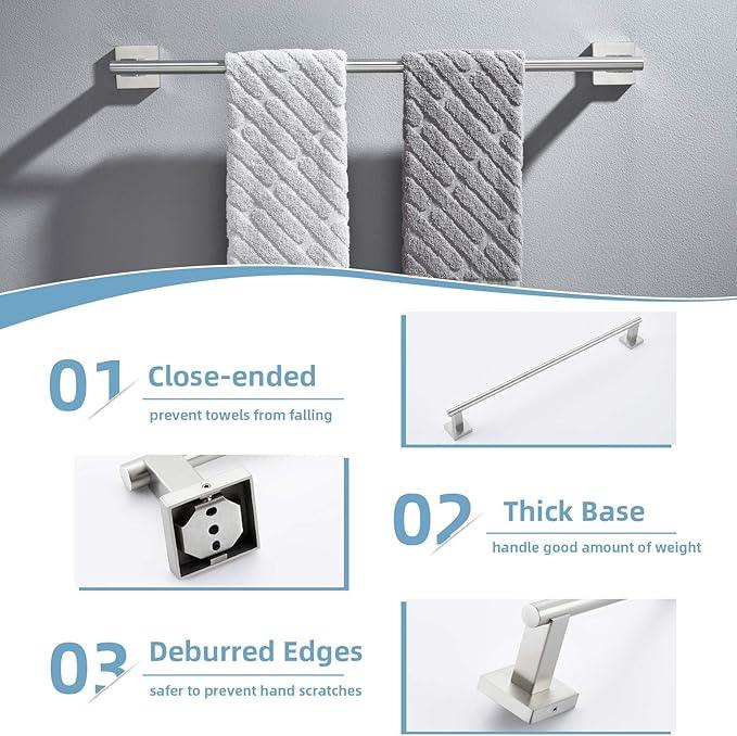 Suyar Bathroom Hardware Set Brushed Nickel, 304 Stainless Steel Bathroom Accessories 4 Pieces, Include Robe Hook, Toilet Paper Holder, Hand Towel Holder, Towel Bar, Wall Mount - ModernBath
