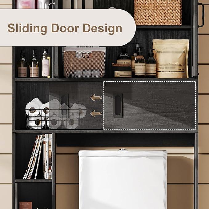 ChooChoo Over The Toilet Storage Cabinet, Farmhouse Bathroom Shelf Over Toilet with Adjustable Shelves, Above Toilet Storage Cabinet with Sliding Door for Bathroom, Laundry Room, Black - ModernBath