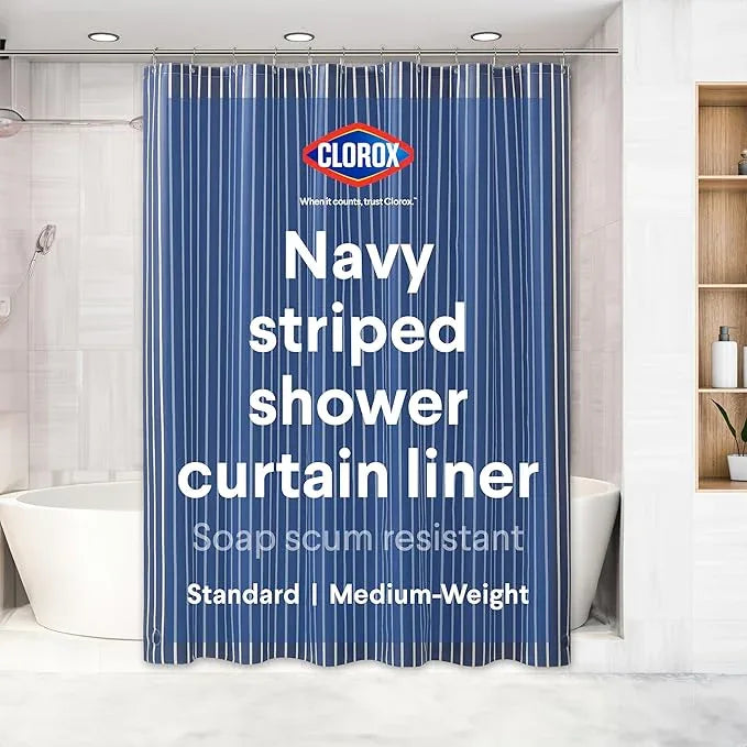 CLOROX Shower Curtain Liner, Premium Striped Medium-Weight Durable Waterproof 6g PEVA for Bathroom with Weighted Magnets, Printed Standard Size 72" x 72", Navy - ModernBath