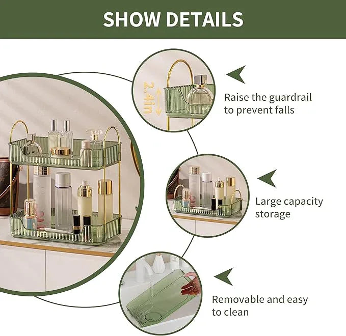 YCIA&DONE Bathroom Organizer Countertop, Makeup Storage, Skincare Cosmetic Tray Shelf, Perfume Holder Rack for Vanity Counter, Large Capacity, Easy to Install, Clean, 2 Tiers, Vintage Green - ModernBath