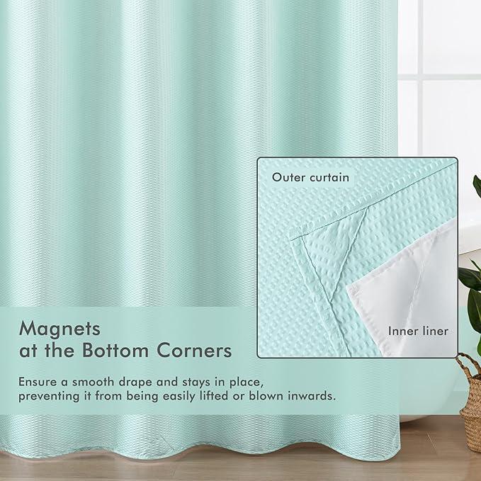 Mrs Awesome No Hook Shower Curtain with Snap-in Liner, Embossed Waffle Design Fabric Shower Curtain for Bathroom, Soft & Lightweight, 71x74, Sky Blue - ModernBath