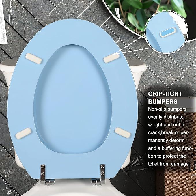 Blue Elongated Toilet Seat Natural Wood Toilet Seat with Zinc Alloy Hinges, Easy to Install also Easy to Clean, Scratch Resistant Toilet Seat by Angol Shiold (Elongated, Blue) - ModernBath
