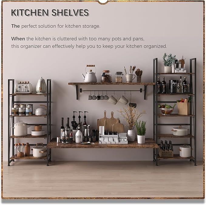 4NM No Assembly Folding Bookshelf Storage Shelves 4 Tiers Vintage Bookcase Standing Racks Study Organizer Home Office (Rustic Brown Black) - ModernBath