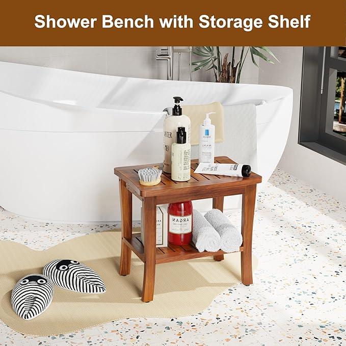 Large Teak Wood Shower Bench Stool with Storage Shelf Wooden Teak Bench for Shower Seat Chair for Inside Shower Waterproof Teakwood Shower Bench Bathroom Spa Bathing Shower Stool with Non-Slip Feet - ModernBath