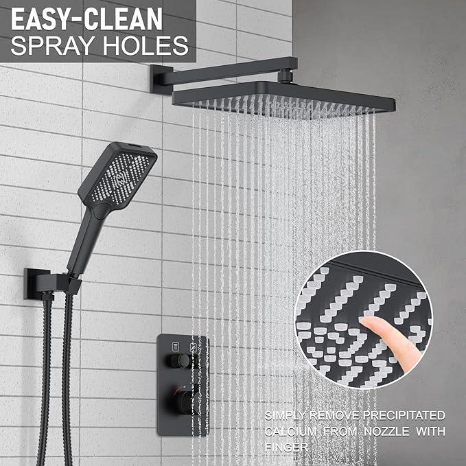 Thermostatic Shower System 13-Inch Rainfall Shower Head - 3 Setting Handheld Sprayer, Complete Bathroom Set with Faucet Mixer Trim Kit & Valve Matte Black - ModernBath