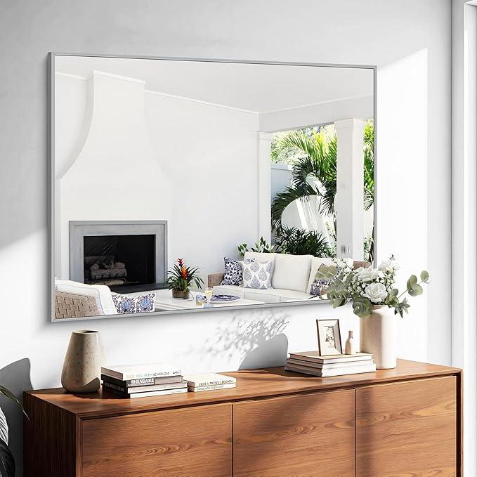 KOCUUY Silver Bathroom Mirror, 48"x36" Large Rectangle Bathroom Mirror for Wall, HD Tempered Glass, Anti-Rust Brushed Silver Frame, Modern Design for Bathroom, Bedroom, Hang Horizontal/Vertical - ModernBath