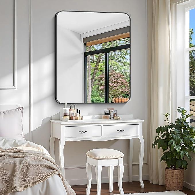 CIVENO Bathroom Mirror, 36 x 30 inch Metal Framed Black Rectangle Mirror, Rounded Corner Rectangular Vanity Mirror, Wall Mounted Mirror for Modern Bedroom Living Room Hangs Horizontal or Vertical - ModernBath