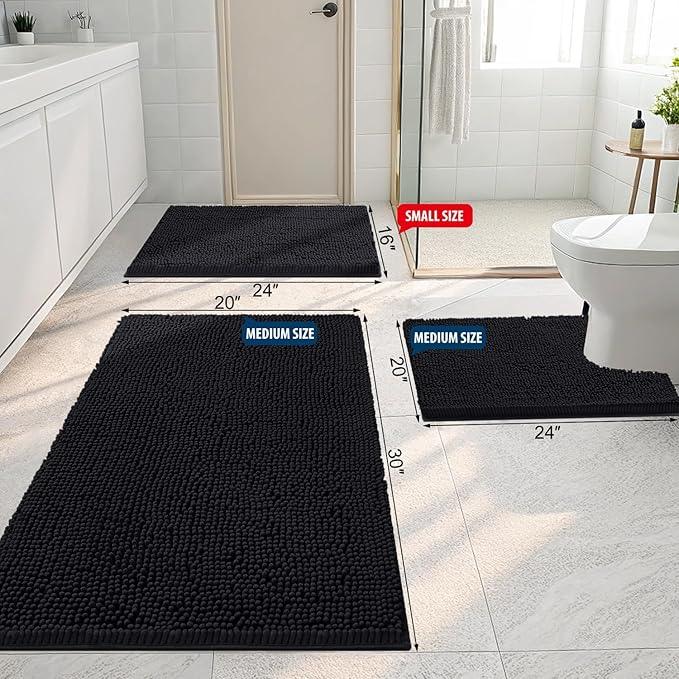 Smiry Luxury Chenille Bathroom Rugs 59x24, Extra Soft and Absorbent Shaggy Bath Mat, Machine Washable, Non-Slip Plush Carpet Runner for Tub, Shower, and Floor, Home Decor Accessories, Black - ModernBath