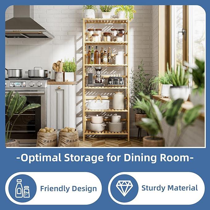 HITNET Bamboo Shelf, 6-Tier Adjustable Tall Open Bookcase, Bathroom Storage Rack Freestanding Shelving Unit, Plant Display Stand for Small Space, Natural - ModernBath