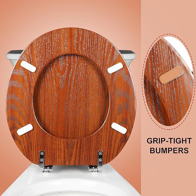 Round Toilet Seat Molded Wood Toilet Seat with Zinc Alloy Hinges, Easy to Install also Easy to Clean, Anti-pinch Wooden Toilet Seat by Angol Shiold (Round, Brownish Yellow) - ModernBath