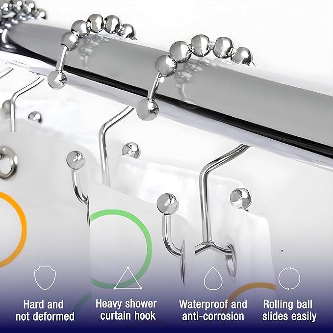 2lbDepot Shower Curtain Rings Hooks - Chrome Finish - Premium 18/8 Stainless Steel - Double Hooks with Easy Glide Rollers Rust Resistant Metal Hook, Six Finishes Available - Set of 12 for Shower Rods - ModernBath