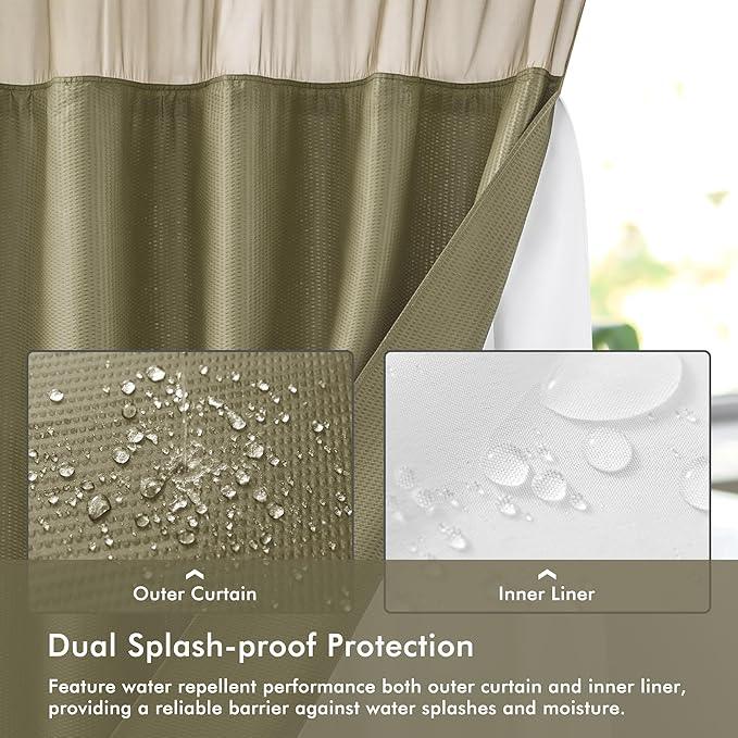 Mrs Awesome No Hook Shower Curtain with Snap-in Liner, Embossed Waffle Design Fabric Shower Curtain for Bathroom, Soft & Lightweight, 71x74, Taupe - ModernBath