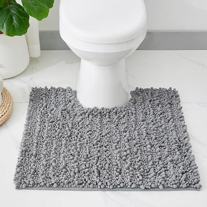 ILANGO Toilet Rugs U Shaped Light Grey 24x24 Bathroom Rugs,Extra Soft Absorbent Chenille Bath Rugs,Thick Non-Slip Shaggy Bath Mat,Machine Washable Quick Dry Bath Mats for Toilet Contour - ModernBath