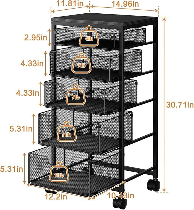 Kitchen Storage Cart with Drawer, 5-Tier Fruit Vegetable Storage Cart, Kitchen Organizer and Storage Cart with Wheels, Wooden Top Metal Wire Pantry Storage Cart rack for for Fruit Snack Onion Potato - ModernBath