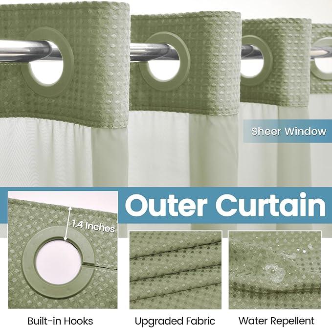 EUTXL Sage Green Long Hotel Shower Curtain - 230GSM Waffle Textured Heavy Duty Thick Fabric Shower Curtains for Bathroom,71W x 86H - ModernBath