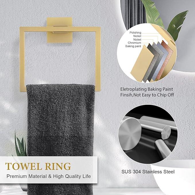 TNOMS 6-Piece Bathroom Hardware Set 23.6 Inch Gold Towel Bar Set Double Towel Bar Towel Ring Coat Hook and Toilet Paper Holder with Shelf Wall Mounted Stainless Steel Bathroom Accessories Set - ModernBath