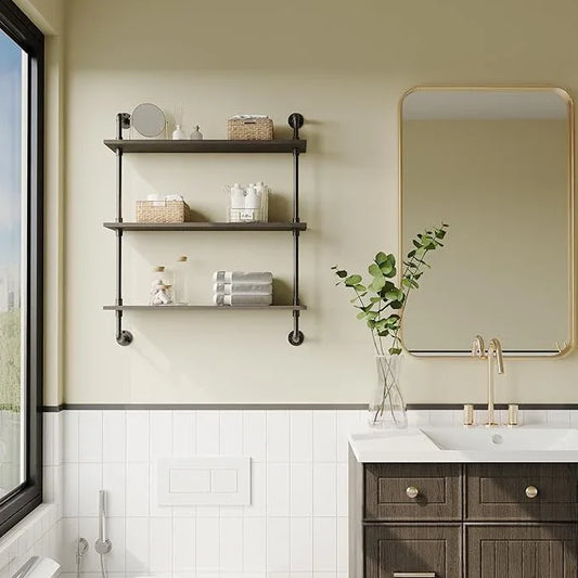 3-Tier Industrial Pipe Floating Shelf – Rustic 24 inch Wood Wall-Mounted Storage Shelf for Kitchen Office,Bathroom & Home Decor -Black - ModernBath