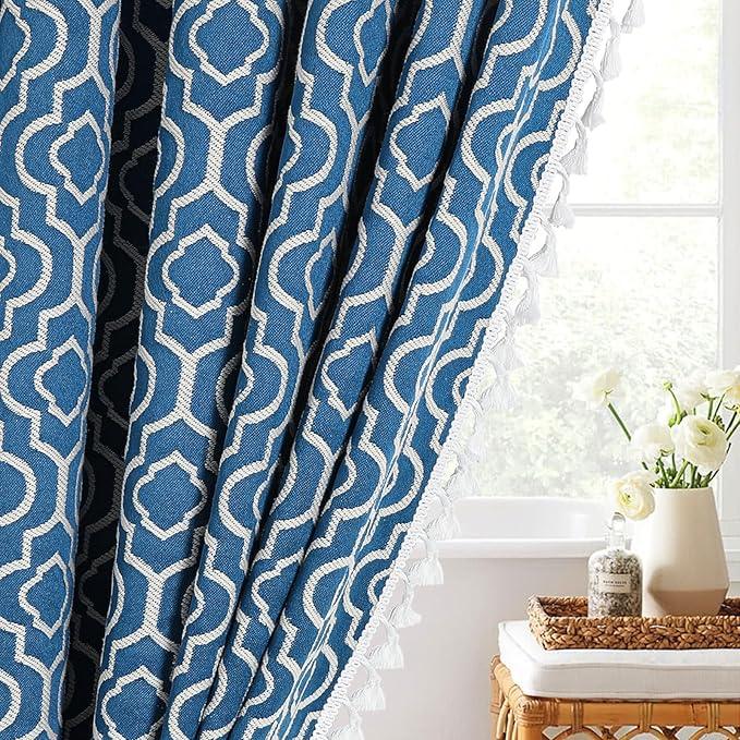 MitoVilla Blue Boho Farmhouse Small Stall Shower Curtain Set 36 x 72, Half Size Narrow Geometric Cotton Fabric Shower Curtains for Bohemia Rustic Bathroom Decor - ModernBath