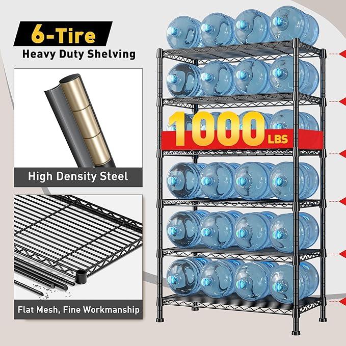REIBII 6-Tier Storage Shelves Metal Shelving for Storage Load 1000 LBS,Wire Shelves Heavy Duty Shelving Unit Adjustable Pantry Shelf Bathroom Kitchen Garage 24" W x 14" D x 71" H, Black - ModernBath