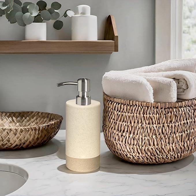CAAS Bathroom Accessories Set 4, Beige Soap Dispenser for Bathroom, Toothbrush Holder,Tumbler Cup and Soap Dish, New Apartment Essentials, Modern Beige Bathroom Décor (Rustic) - ModernBath