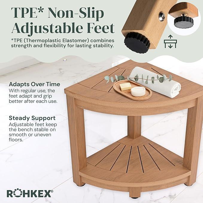ROHKEX Waterproof Corner Shower Stool - Brown Waterproof Shower Bench for Shaving Legs & to Sit On - Easily Assembled Corner Bench & Shelf - Restroom Organizer - Bathroom Home Decor - ModernBath