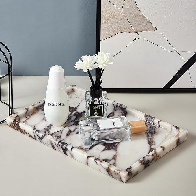 Denique Natural Marble Vanity Tray for Bathroom Countertop, Stone Storage Tray for Home Decor, 12"x8" Genuine Calacatta Viola Marble Perfume Jewelry Organizer for Kitchen Dresser - ModernBath
