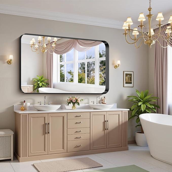 FORBATH 60x36 Inch Large Bathroom Mirror for Double Sinks, Brushed Black Deep Frame Wall Mirror with Rounded Corners, Anti-Rust Tempered Glass for Modern Farmhouse Vanity (Horizontal/Vertical) - ModernBath