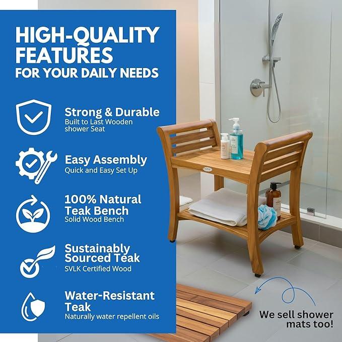EcoDecors Symmetry 24 Inch Natural Color Waterproof Teak Wood Shower Bench Stool Seat Chair For Inside Shower Storage Shelf Provides Safety, Storage, and Organization For Bathroom Accessories - ModernBath