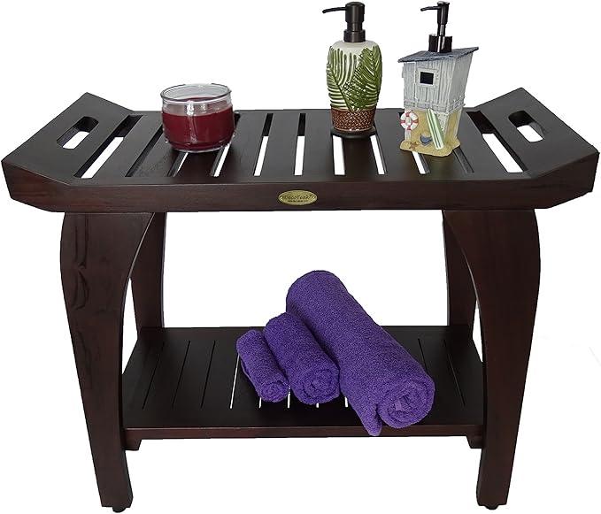 DecoTeak Tranquility 30 Inch Extended Height Brown Waterproof Teak Wood Shower Bench Stool Seat Chair for Inside Shower Storage Shelf Provides Safety Storage and Organization for Bathroom Accessories - ModernBath