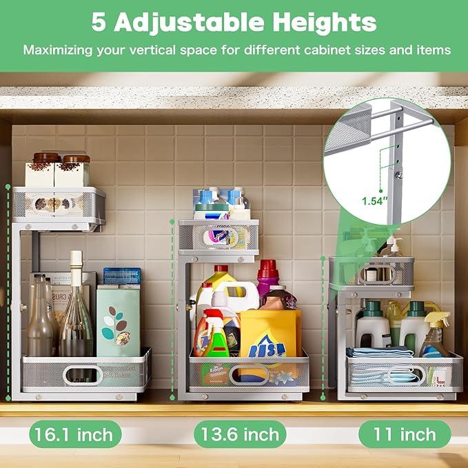 Under Sink Organizer, High Adjustable 2 Tier Under Sink Organizers and Storage, Slide Out Metal Cabinet Organizers, Pull Out Sink Storage Drawer Shelf for Kitchen Bathroom Cabinet, Grey, 1 Pack - ModernBath