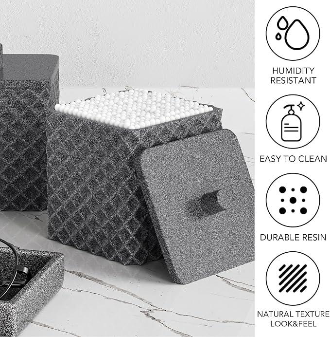 Bathroom Accessories Set Resin 6PCS, Square Toothbrush Holders Set Complete with Soap Dispenser, Vanity Tray, Tumbler, Cups and Cotton Swab Jars (Gray Diamond, Resin Bath 6 PCS) - ModernBath