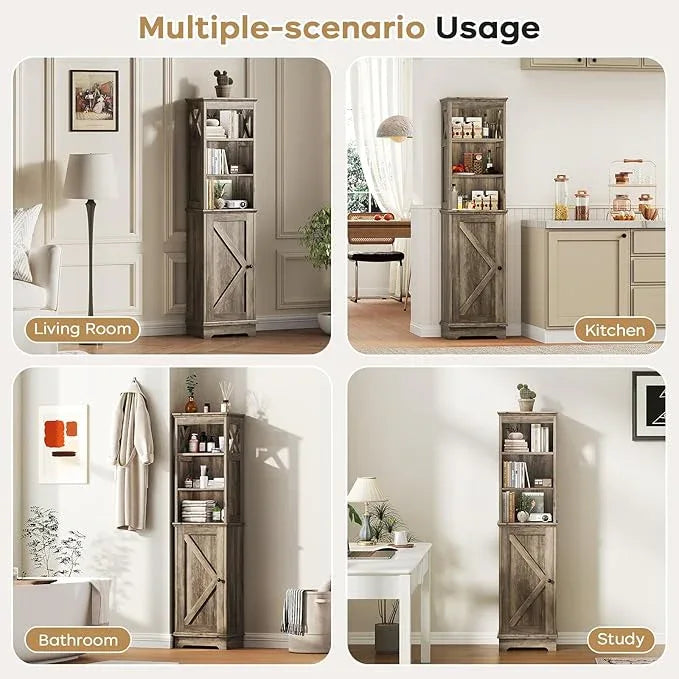 Narrow Bathroom Storage Cabinet with Door and Open Adjustable Shelves, 60.9" H Wooden Tall Tower Corner Farmhouse Cabinet, Freestanding Organizer for Kitchen, Entryway Grey - ModernBath