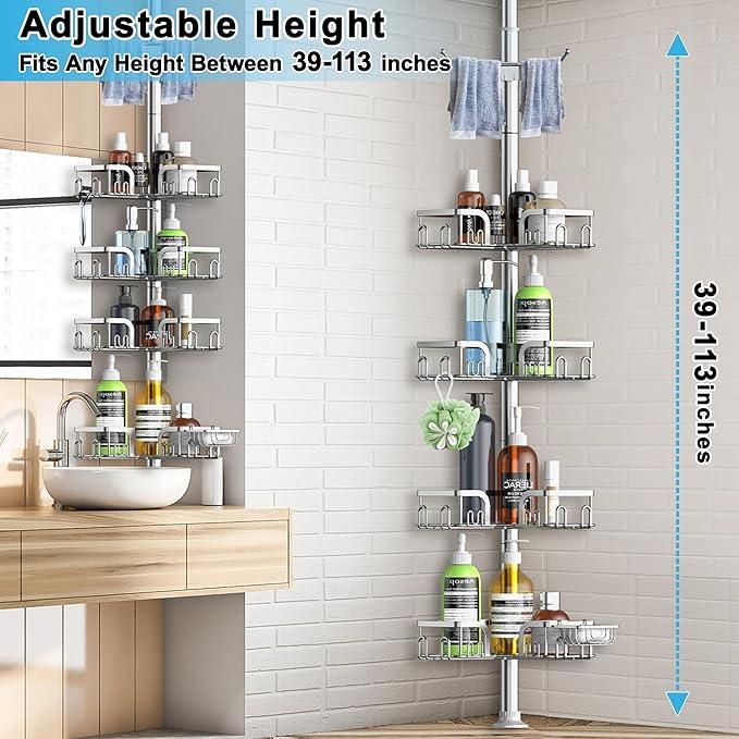 Corner Shower Caddy Tension Pole,39-113 inch Adjustable Rustproof Floor Standing Bathroom Shower Organizer Shelf with 4 Basket for Bathtub,Inside Shower Shampoo Storage Silver - ModernBath